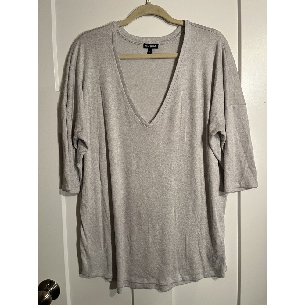 Express Womens L Heather Gray V Neck Knit Top 3/4 Sleeve Soft Stretch Casual